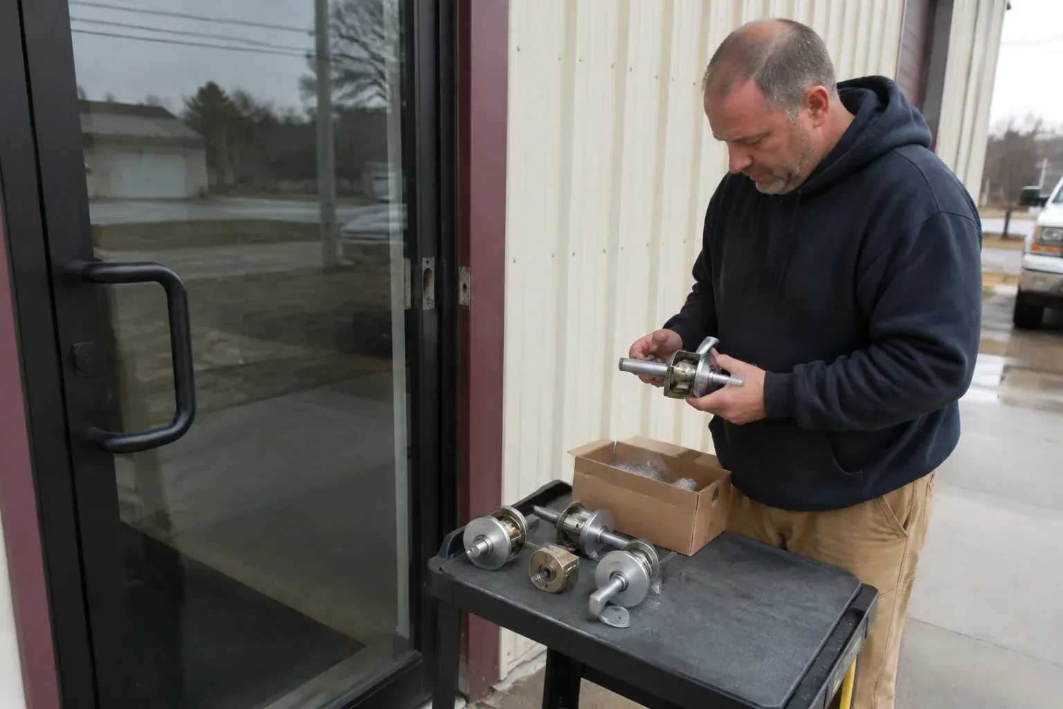 Person holding a door-handle assembly beside a glazed entrance, with more handle and lock components on a cart. — Commercial-Grade Lock Replacement, Newmarket