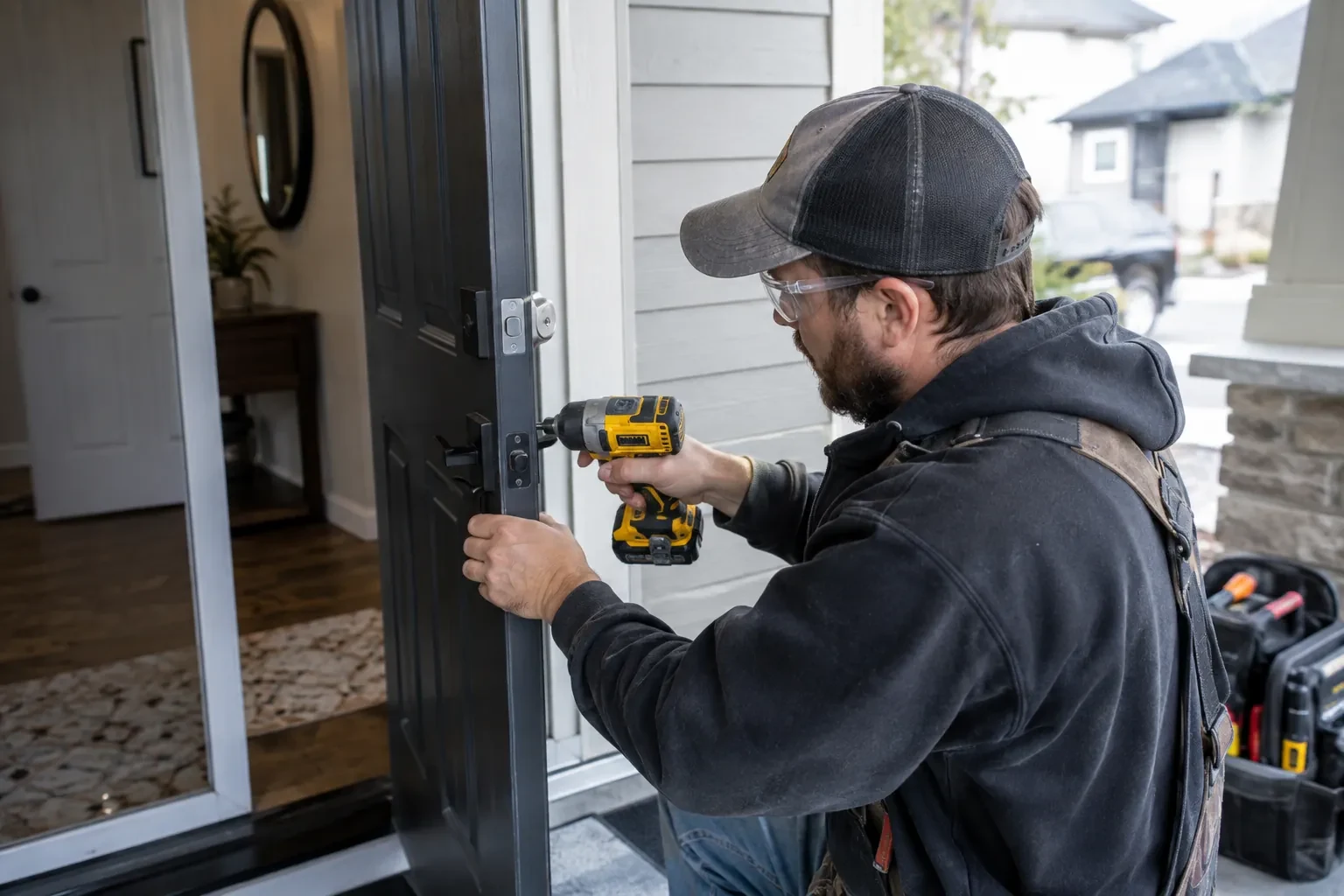 Technician in a cap and clear glasses holding a yellow impact driver at the latch edge of a black door.