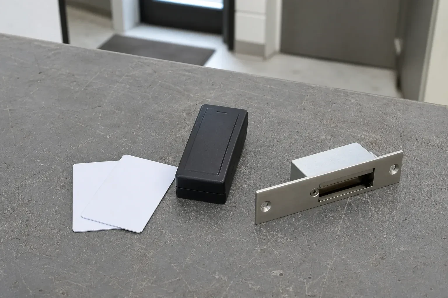 Detached card reader, two plain cards and an electric-strike component on a service bench. — Access Control Installation, Newmarket