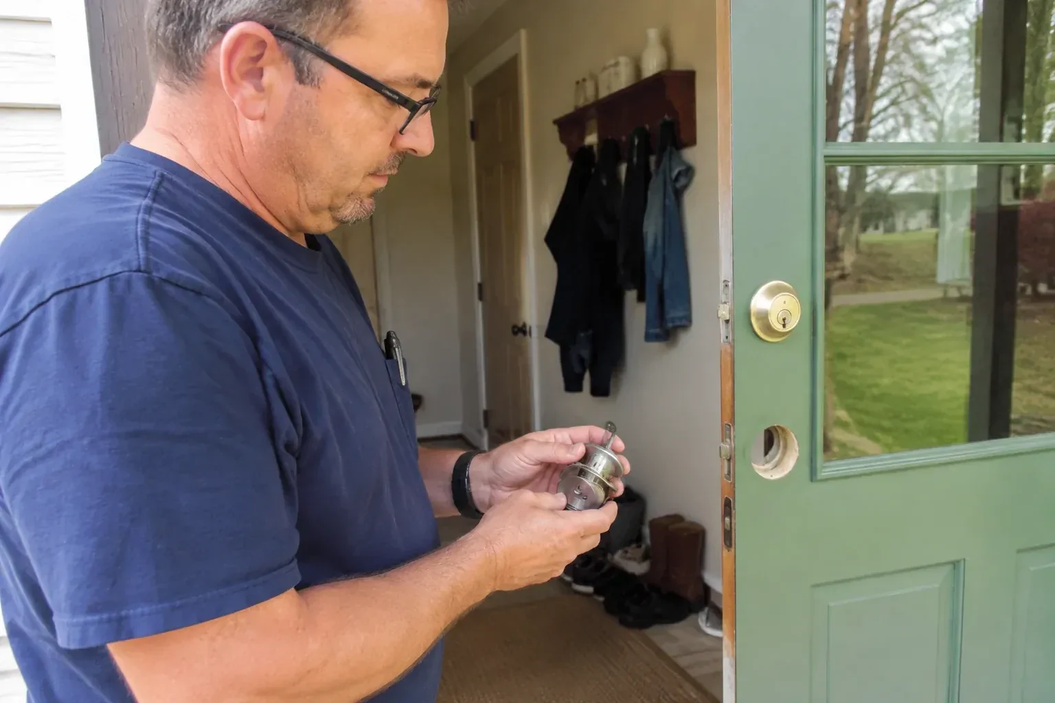 Person holding a cylindrical door-lock assembly beside an open green glazed door with its lower lock opening exposed. — Seized & Jammed Lock Opening, Newmarket