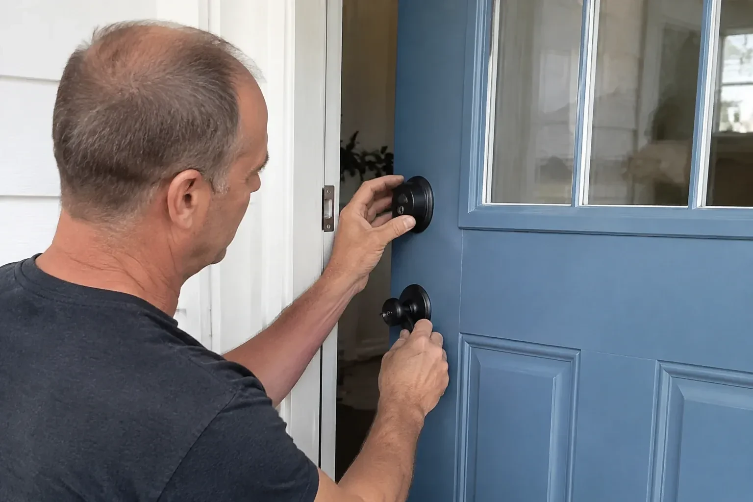 Person holding the black deadbolt and doorknob of a partly open blue front door. — Deadbolt Installation, Newmarket