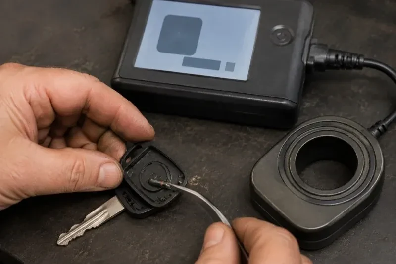 Hands using tweezers at an opened car-key head beside a small electronic unit and a ring-shaped accessory. — Transponder Key Programming, Newmarket