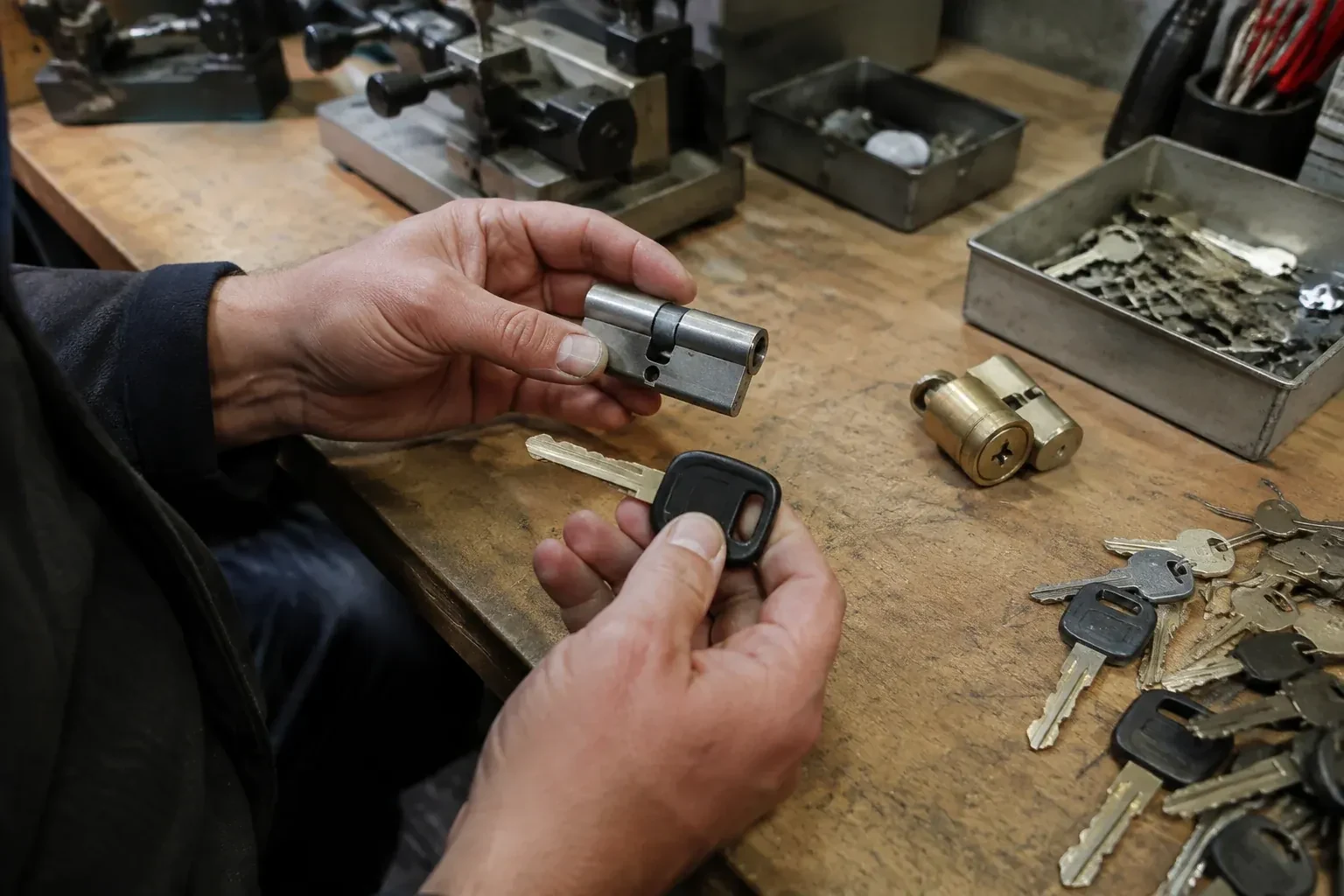 Hands holding a silver-colored lock cylinder and a black-headed key above a workbench with loose keys and another cylinder. — Spare Car Key Duplication, Newmarket