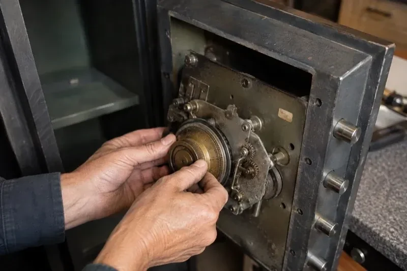 Hands holding a round metal component against the exposed mechanism inside an open safe door. — Safe Opening & Combination Change, Newmarket