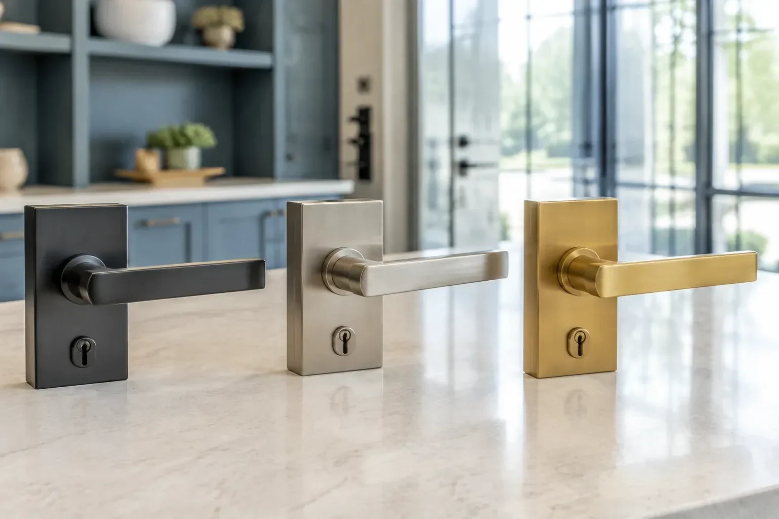 Three rectangular door-handle sets with keyholes in black, silver-colored and gold-colored finishes standing on a countertop. — Commercial Rekeying, Newmarket