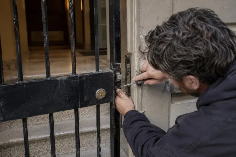 Person using a screwdriver beside the latch of a black barred entrance gate. — Gate & Building Entry Locks, Newmarket