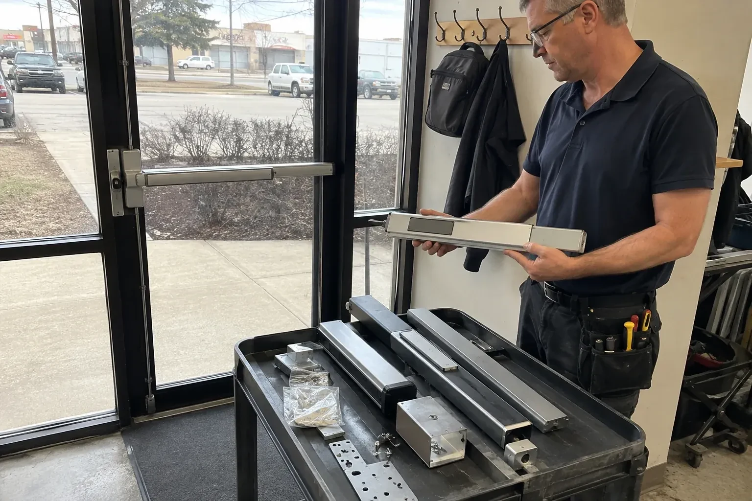 Person holding a long metal door-hardware assembly beside a cart of similar parts and a glass door fitted with a push bar. — Panic & Exit Hardware, Newmarket