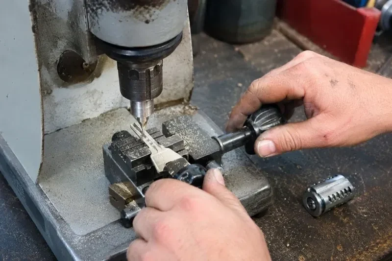Hands operating a bench-mounted machine with a key clamped beneath a vertical cutter and a loose lock cylinder nearby. — Car Key Replacement, Newmarket
