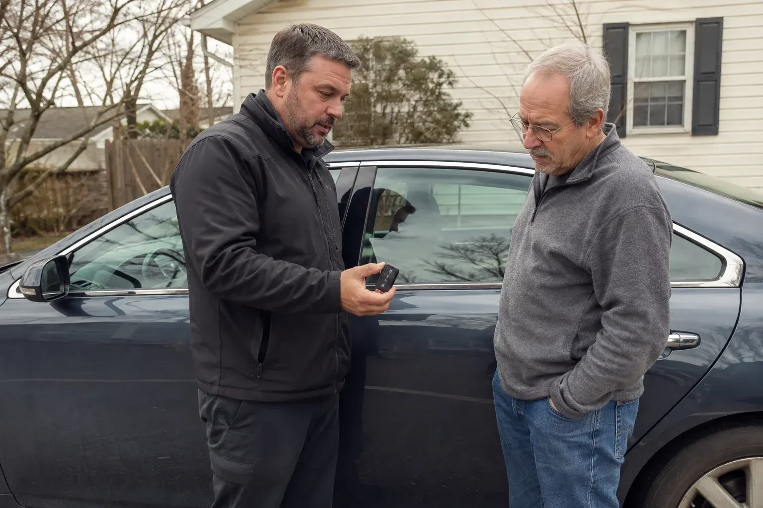 Two people beside a dark sedan, one holding up a black key fob. — Car Lockout Service, Newmarket