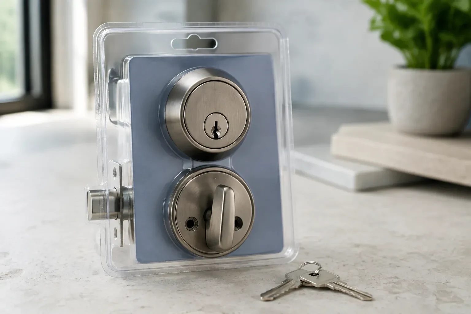 A silver-colored deadbolt set in clear packaging with two keys resting on the countertop in front. — Lock Rekeying, Newmarket