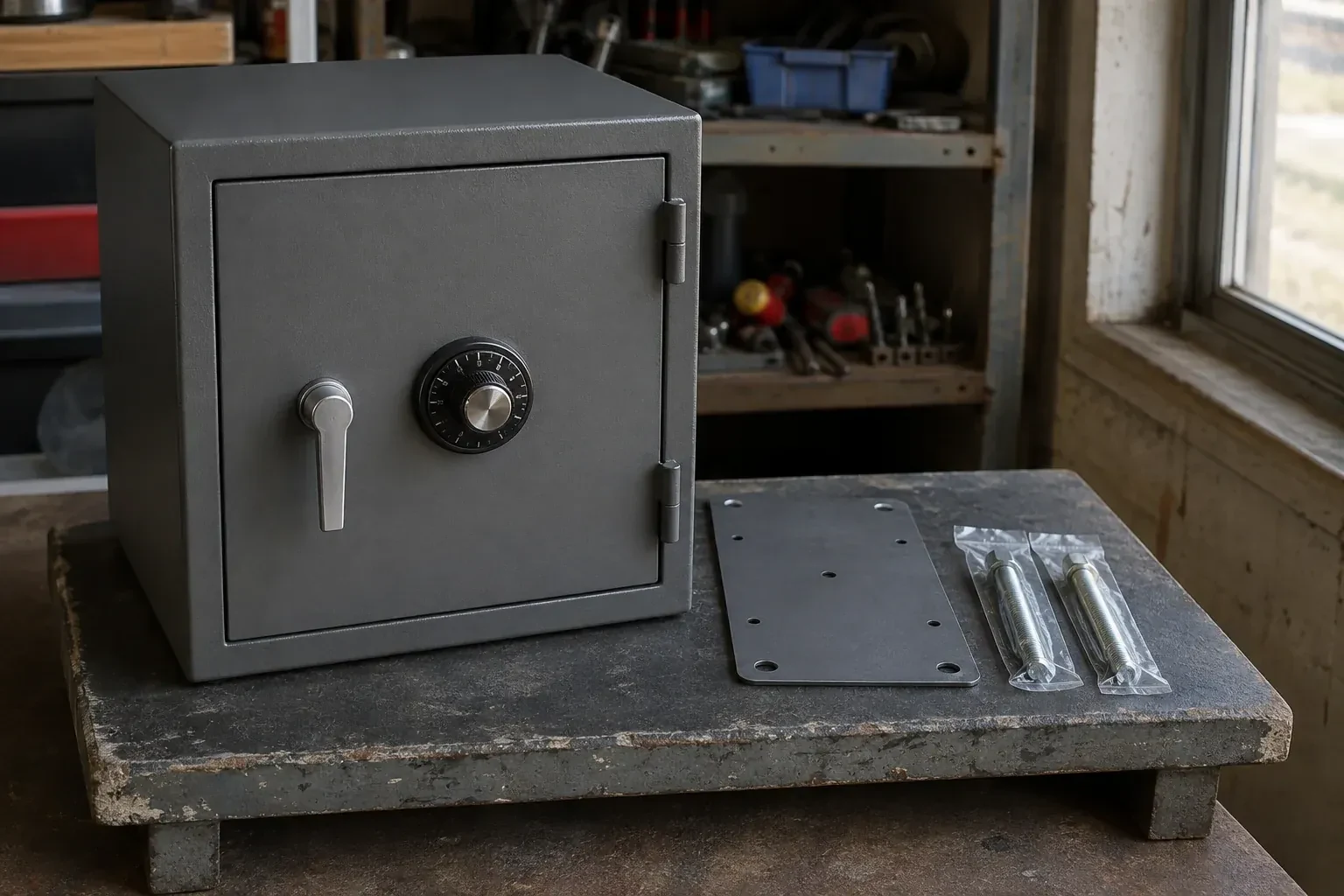 Closed small safe beside a metal plate and packaged fasteners on a workshop bench. — Safe Installation & Servicing, Newmarket