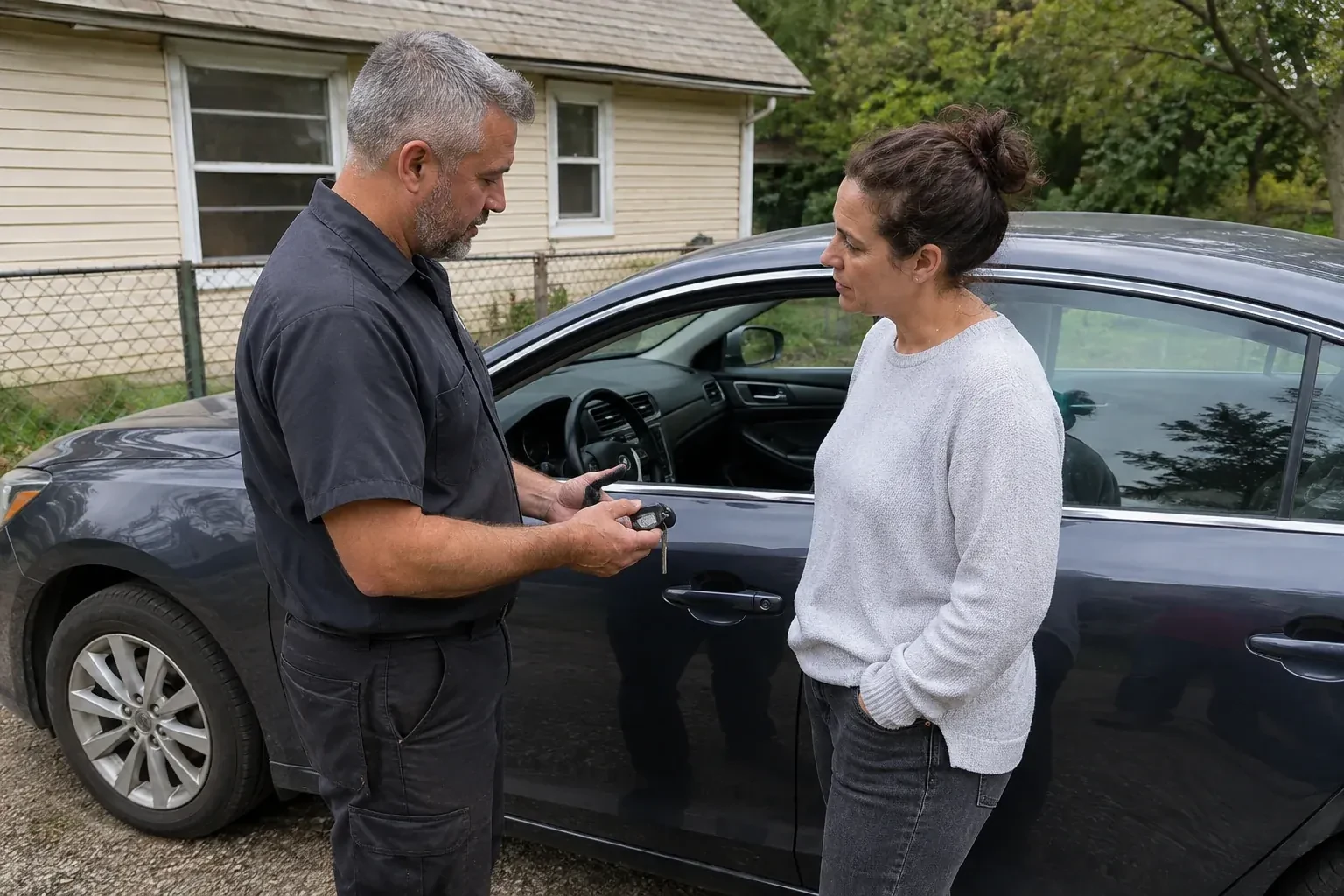 Two people standing beside a car with its window lowered, one holding a key and black key fob. — Ignition Lock Repair, Newmarket