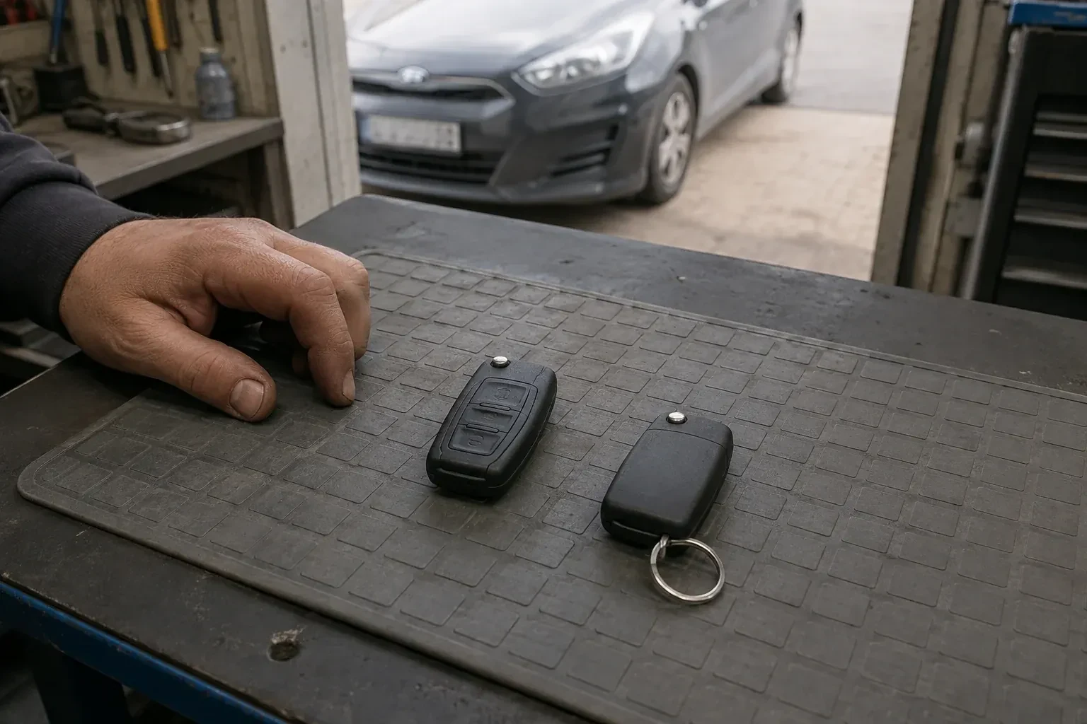Two vehicle remote fobs on a work mat beside a technician’s hand, with a parked car beyond. — Key Fob Programming, Newmarket